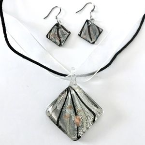 Glass Pendant Silver Black Copper Iridescent Necklace & Earrings